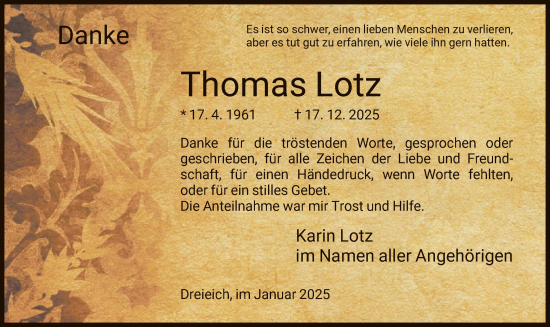 Todesanzeige von Thomas Lotz von OF