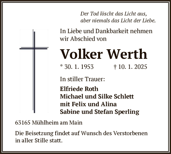 Todesanzeige von Volker Werth von OF