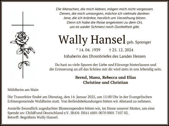 Todesanzeige von Wally Hansel von OF
