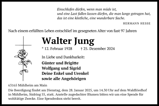 Todesanzeige von Walter Jung von OF