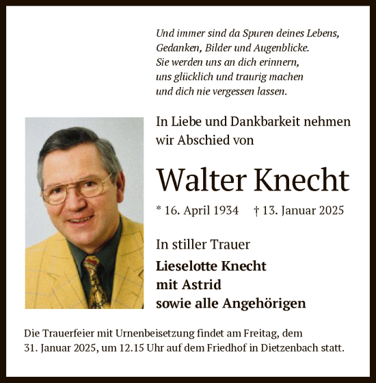 Todesanzeige von Walter Knecht von OF