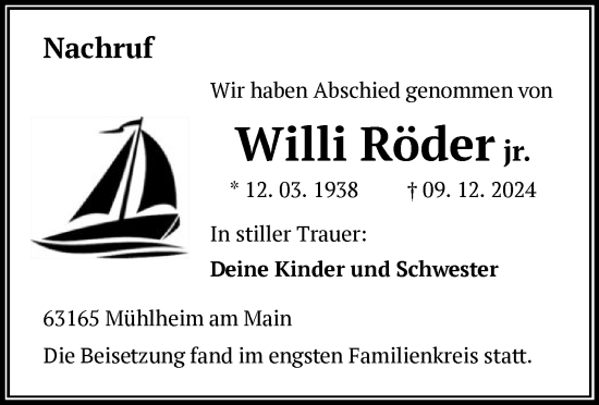 Todesanzeige von Willi Röder von OF