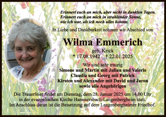 Todesanzeige von Wilma Emmerich von OF