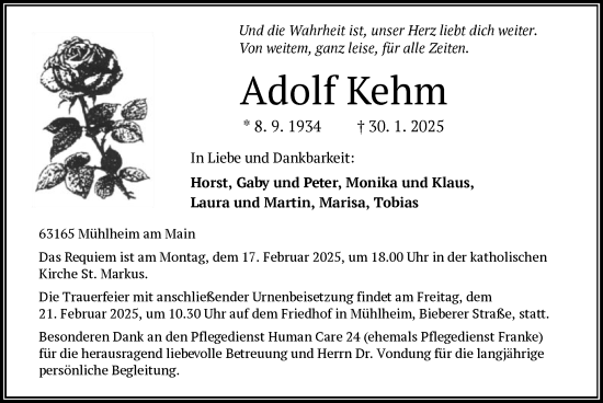 Todesanzeige von Adolf Kehm von OF