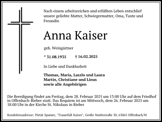 Todesanzeige von Anna Kaiser von OF
