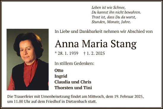 Todesanzeige von Anna Maria Stang von OF