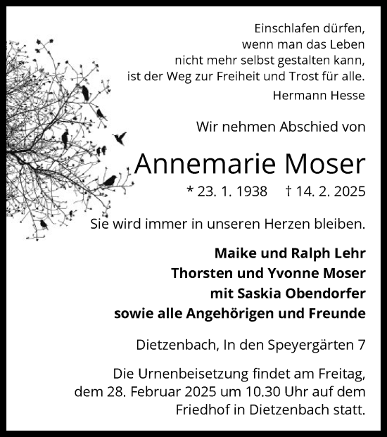 Todesanzeige von Annemarie Moser von OF
