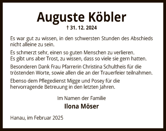 Todesanzeige von Auguste Köbler von OF