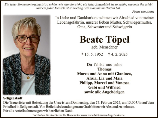 Todesanzeige von Beate Töpel von OF