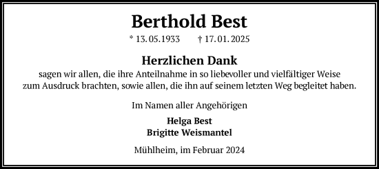 Todesanzeige von Berthold Best von OF