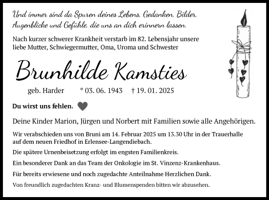 Todesanzeige von Brunhilde Kamsties von OF