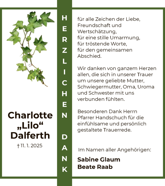 Todesanzeige von Charlotte Dalferth von OF