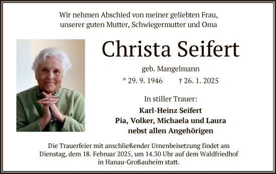 Todesanzeige von Christa Seifert von OF