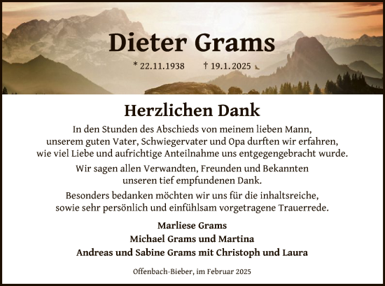 Todesanzeige von Dieter Grams von OF