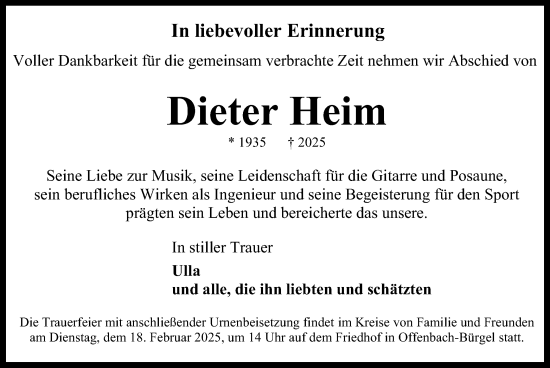 Todesanzeige von Dieter Heim von OF