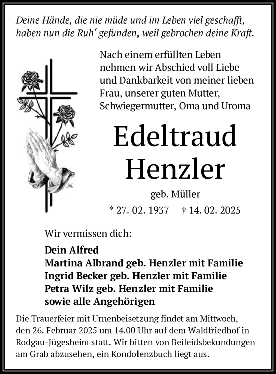 Todesanzeige von Edeltraud Henzler von OF