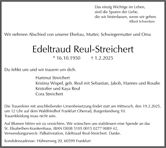 Todesanzeige von Edeltraud Reul-Streichert von OF