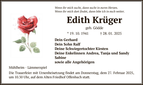 Todesanzeige von Edith Krüger von OF