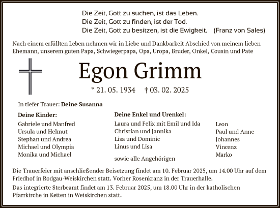 Todesanzeige von Egon Grimm von OF