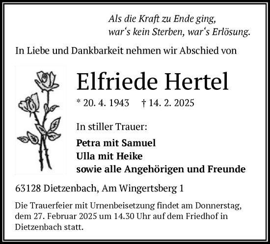 Todesanzeige von Elfriede Hertel von OF