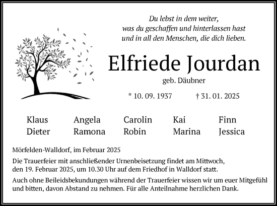 Todesanzeige von Elfriede Jourdan von OF
