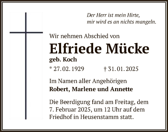 Todesanzeige von Elfriede Mücke von OF