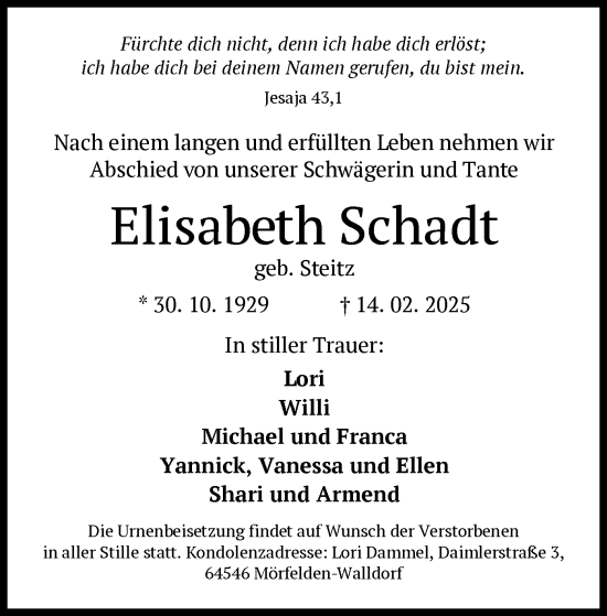 Todesanzeige von Elisabeth Schadt von OF