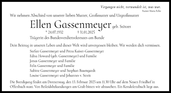 Todesanzeige von Ellen Gassenmeyer von OF