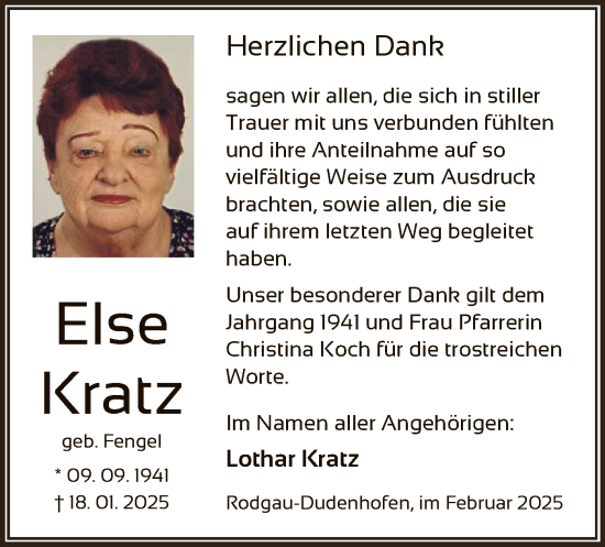 Todesanzeige von Else Kratz von OF