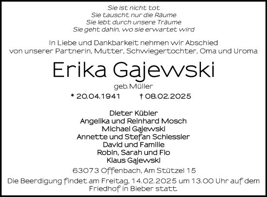 Todesanzeige von Erika Gajewski von OF