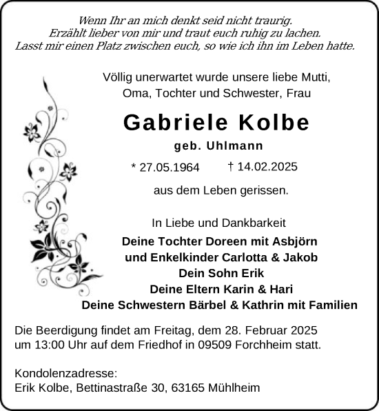 Todesanzeige von Gabriele Kolbe von OF