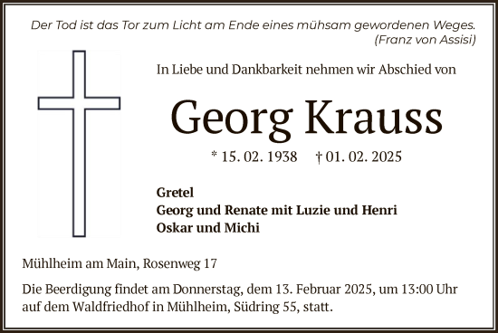 Todesanzeige von Georg Krauss von OF