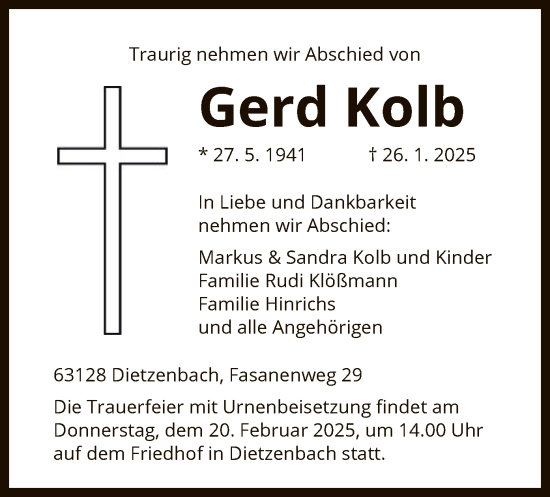 Todesanzeige von Gerd Kolb von OF
