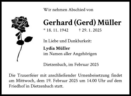 Todesanzeige von Gerhard  Müller von OF