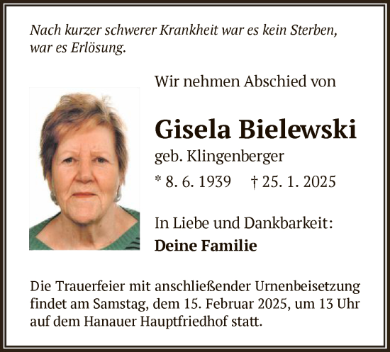 Todesanzeige von Gisela Bielewski von OF