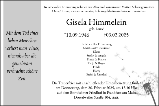 Todesanzeige von Gisela Himmelein von OF