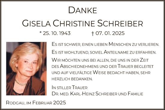 Todesanzeige von Gisela Christine Schreiber von OF