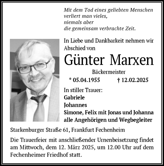 Todesanzeige von Günter Marxen von OF