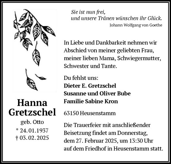 Todesanzeige von Hanna Gretzschel von OF