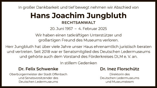 Todesanzeige von Hans Joachim Jungbluth von OF