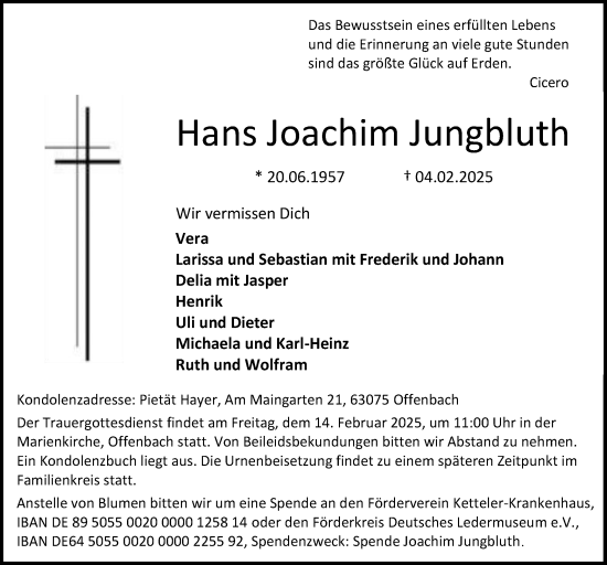 Todesanzeige von Hans Joachim Jungbluth von OF