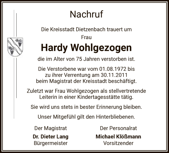 Todesanzeige von Hardy Wohlgezogen von OF