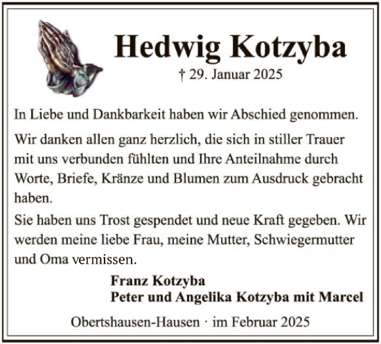 Todesanzeige von Hedwig Kotzyba von OF