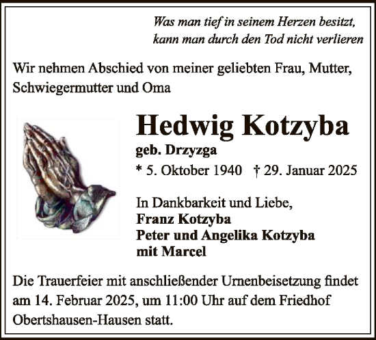 Todesanzeige von Hedwig Kotzyba von OF