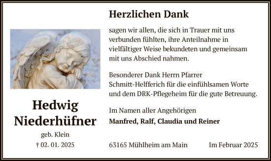 Todesanzeige von Hedwig Niederhüfner von OF