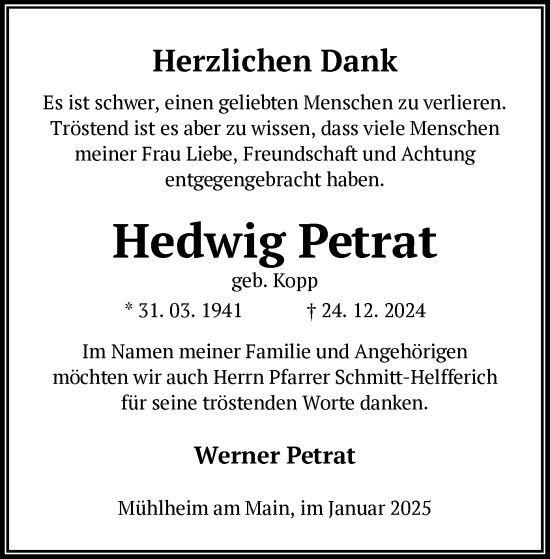 Todesanzeige von Hedwig Petrat von OF