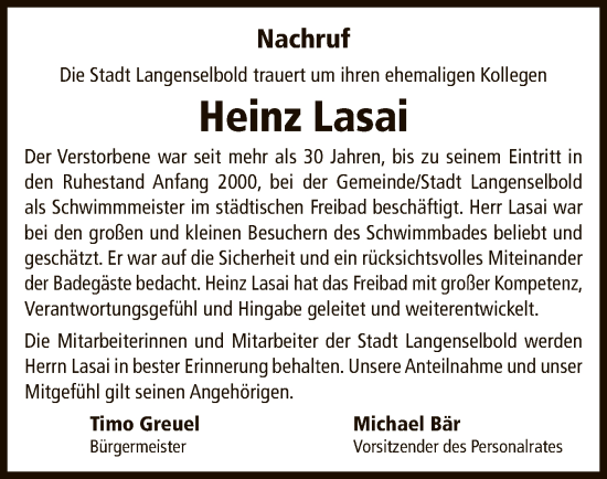 Todesanzeige von Heinz Lasai von OF