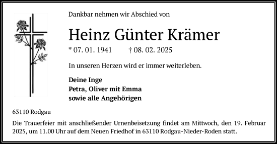 Todesanzeige von Heinz Günter Krämer von OF