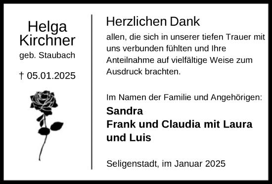 Todesanzeige von Helga Kirchner von OF