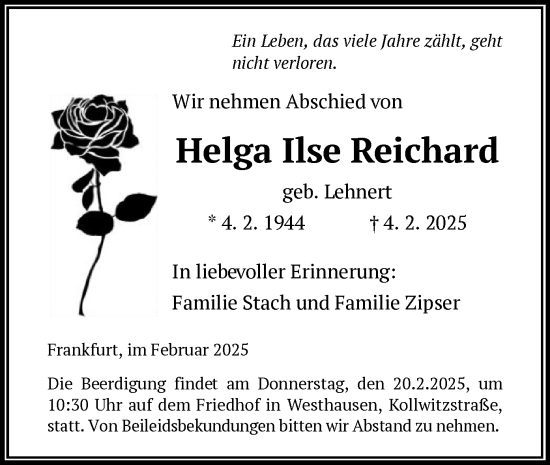Todesanzeige von Helga Ilse Reichard von OF